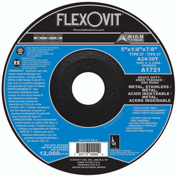 Flexovit HIGH PERFORMANCE Depressed Center Cut-Off Wheel, 5 in Dia x 1/8 in THK, 7/8 in Center Hole, A24/30T A1721 - main